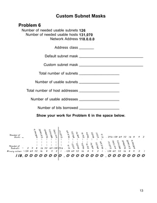 13
Custom Subnet Masks
Problem 6
Number of needed usable subnets
Number of needed usable hosts
Network Address
Address class
Default subnet mask
Custom subnet mask
Total number of subnets
Number of usable subnets
Total number of host addresses
Number of usable addresses
Number of bits borrowed
126
131,070
118.0.0.0
_______
_______________________________
_______________________________
___________________
___________________
___________________
___________________
___________________
Show your work for Problem 6 in the space below.
118. 0 0 0 0 0 0 0 0 . 0 0 0 0 0 0 0 0 . 0 0 0 0 0 0 0 0
118. 0 0 0 0 0 0 0 0 . 0 0 0 0 0 0 0 0 . 0 0 0 0 0 0 0 0
118. 0 0 0 0 0 0 0 0 . 0 0 0 0 0 0 0 0 . 0 0 0 0 0 0 0 0
118. 0 0 0 0 0 0 0 0 . 0 0 0 0 0 0 0 0 . 0 0 0 0 0 0 0 0
118. 0 0 0 0 0 0 0 0 . 0 0 0 0 0 0 0 0 . 0 0 0 0 0 0 0 0
Number of
Subnets - 2 4 8 16 32 64 128 256 .
. 256 128 64 32 16 8 4 2
Binary values -128 64 32 16 8 4 2 1 .
.
.
.
. 128 64 32 16 8 4 2 1 .
.
.
.
. 128 64 32 16 8 4 2 1
Number of
Hosts
-
5
1
2
1
,0
2
4
2
,0
4
8
4
,0
9
6
8
,1
9
2
1
6
,3
8
4
3
2
,7
6
8
6
5
,5
3
6
1
3
1
,0
7
2
2
6
2
,1
4
4
5
2
4
,2
8
8
1
,0
4
8
,5
7
6
2
,0
9
7
,1
5
2
4
,1
9
4
,3
0
4
.
5
1
2
1
,0
2
4
2
,0
4
8
4
,0
9
6
8
,1
9
2
1
6
,3
8
4
3
2
,7
6
8
6
5
,5
3
6
1
3
1
,0
7
2
2
6
2
,1
4
4
5
2
4
,2
8
8
1
,0
4
8
,5
7
6
2
,0
9
7
,1
5
2
4
,1
9
4
,3
0
4
 