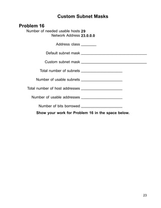Custom Subnet Masks
Problem 16
Number of needed usable hosts
Network Address
Address class
Default subnet mask
Custom subnet mask
Total number of subnets
Number of usable subnets
Total number of host addresses
Number of usable addresses
Number of bits borrowed
29
23.0.0.0
_______
_______________________________
_______________________________
___________________
___________________
___________________
___________________
___________________
Show your work for Problem 16 in the space below.
23
 
