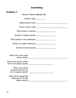 _______________________________________________
________________________
________________________
_____________________________________
36
Subnetting
Problem 7
Network Address
Address class
Default subnet mask
Custom subnet mask
Total number of subnets
Number of usable subnets
Total number of host addresses
Number of usable addresses
Number of bits borrowed
10.0.0.0 /16
__________
_______________________________
_______________________________
___________________
___________________
___________________
___________________
___________________
What is the 10th usable
subnet range?
What is the subnet number
for the 5th usable subnet?
What is the subnet
broadcast address for
the 1st usable subnet?
What are the assignable
addresses for the 8th
usable subnet?
 