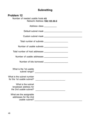 46
Subnetting
Problem 12
Number of needed usable hosts
Network Address
Address class
Default subnet mask
Custom subnet mask
Total number of subnets
Number of usable subnets
Total number of host addresses
Number of usable addresses
Number of bits borrowed
45
198.125.50.0
__________
_______________________________
_______________________________
___________________
___________________
___________________
___________________
___________________
What is the 1st usable
subnet range?
What is the subnet number
for the 1st usable subnet?
What is the subnet
broadcast address for
the 2nd usable subnet?
What are the assignable
addresses for the 2nd
usable subnet?
_______________________________________________
________________________
________________________
______________________________________
 
