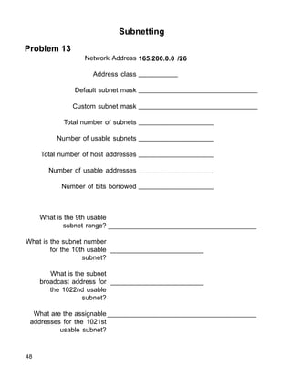 _______________________________________________
________________________
________________________
______________________________________
48
Subnetting
Problem 13
Network Address
Address class
Default subnet mask
Custom subnet mask
Total number of subnets
Number of usable subnets
Total number of host addresses
Number of usable addresses
Number of bits borrowed
165.200.0.0 /26
__________
_______________________________
_______________________________
___________________
___________________
___________________
___________________
___________________
What is the 9th usable
subnet range?
What is the subnet number
for the 10th usable
subnet?
What is the subnet
broadcast address for
the 1022nd usable
subnet?
What are the assignable
addresses for the 1021st
usable subnet?
 