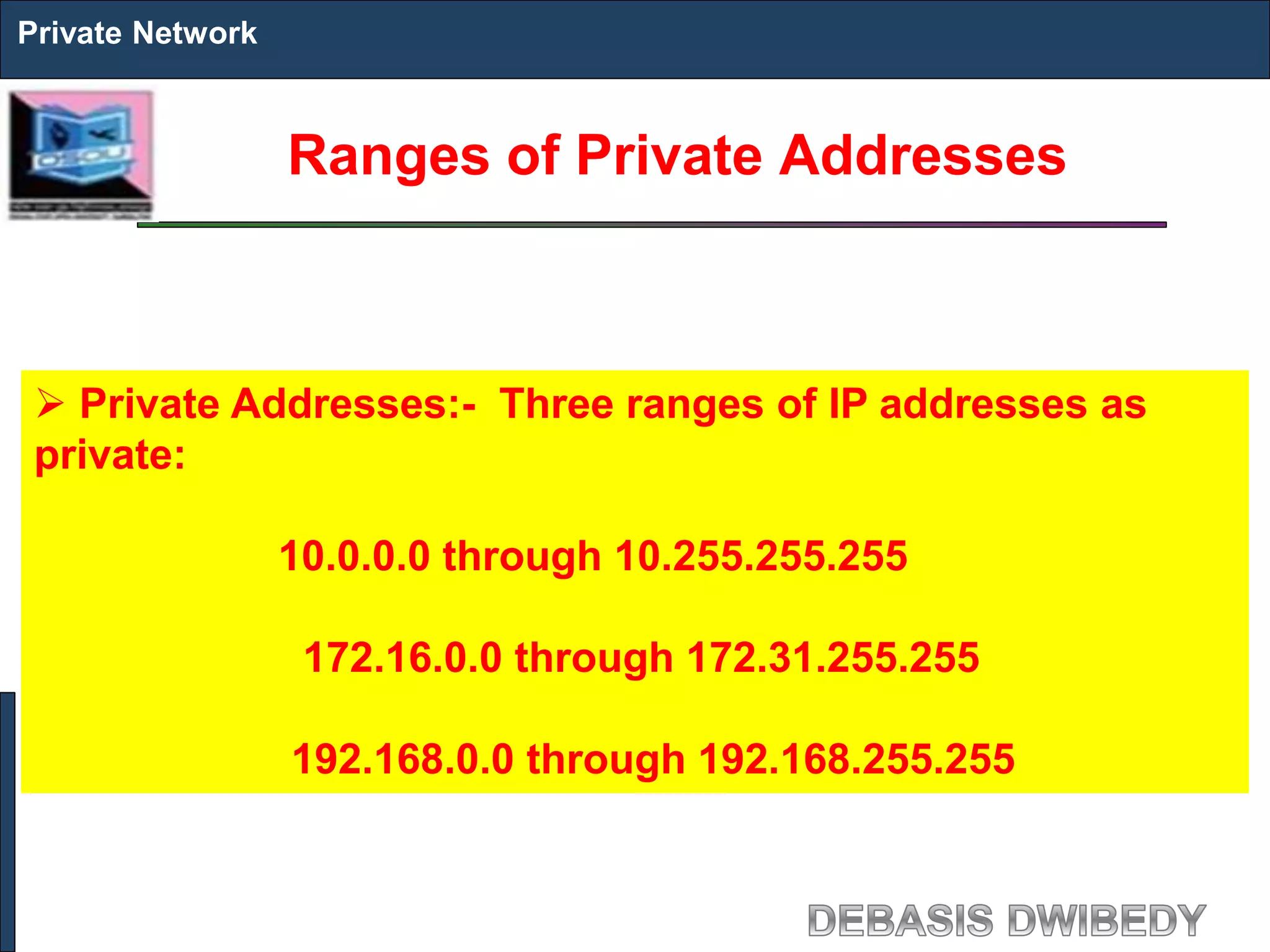 Ranges of Private Addresses
Private Network
 Private Addresses:- Three ranges of IP addresses as
private:
10.0.0.0 through 10.255.255.255
172.16.0.0 through 172.31.255.255
192.168.0.0 through 192.168.255.255
 