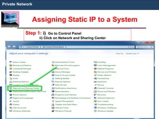 Assigning Static IP to a System
Private Network
Step 1: i) Go to Control Panel
ii) Click on Network and Sharing Center
 