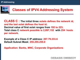 Classes of IPV4 Addressing System
IP Addressing
CLASS C : The initial three octets defines the network id,
and the last octet defines the host id.
Decimal value of first octet ranges from 192 to 223.
Total class C network possible is 2,097,152 with 254 hosts
per network.
Example of a Class C IP address: 207.79.233.6
Default Subnet Mask: 255.255.255.0
Application: Banks, MNC, Corporate Organizations
 