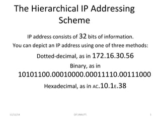 The Hierarchical IP Addressing 
Scheme 
IP address consists of 32 bits of information. 
You can depict an IP address using one of three methods: 
Dotted-decimal, as in 172.16.30.56 
Binary, as in 
10101100.00010000.00011110.00111000 
Hexadecimal, as in AC.10.1E.38 
11/11/14 OIT,RMUTT. 1 
 