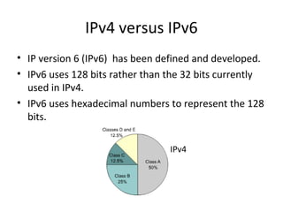 IPv4 versus IPv6 
• IP version 6 (IPv6) has been defined and developed. 
• IPv6 uses 128 bits rather than the 32 bits currently 
used in IPv4. 
• IPv6 uses hexadecimal numbers to represent the 128 
bits. 
IPv4 
