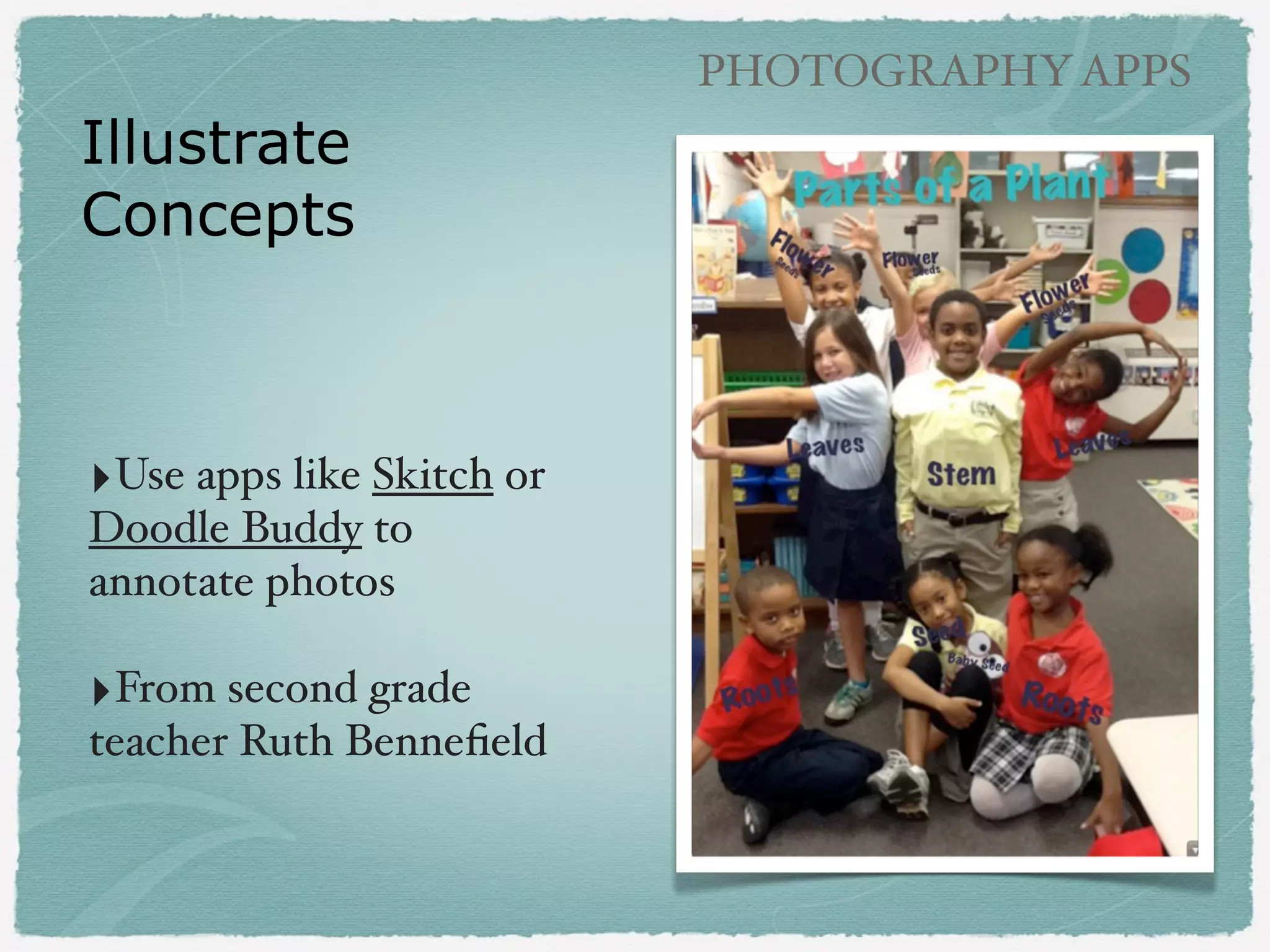 PHOTOGRAPHY APPS

Balloon Stickies Plus
!

‣Add cartoon balloons to
an individual photo!
!

‣Variety of styles, colors,
fonts!
!

‣Email or save to camera
roll!
!

‣Ads in free version!
!
‣From Nicole Nesbitt’s
second grade

 