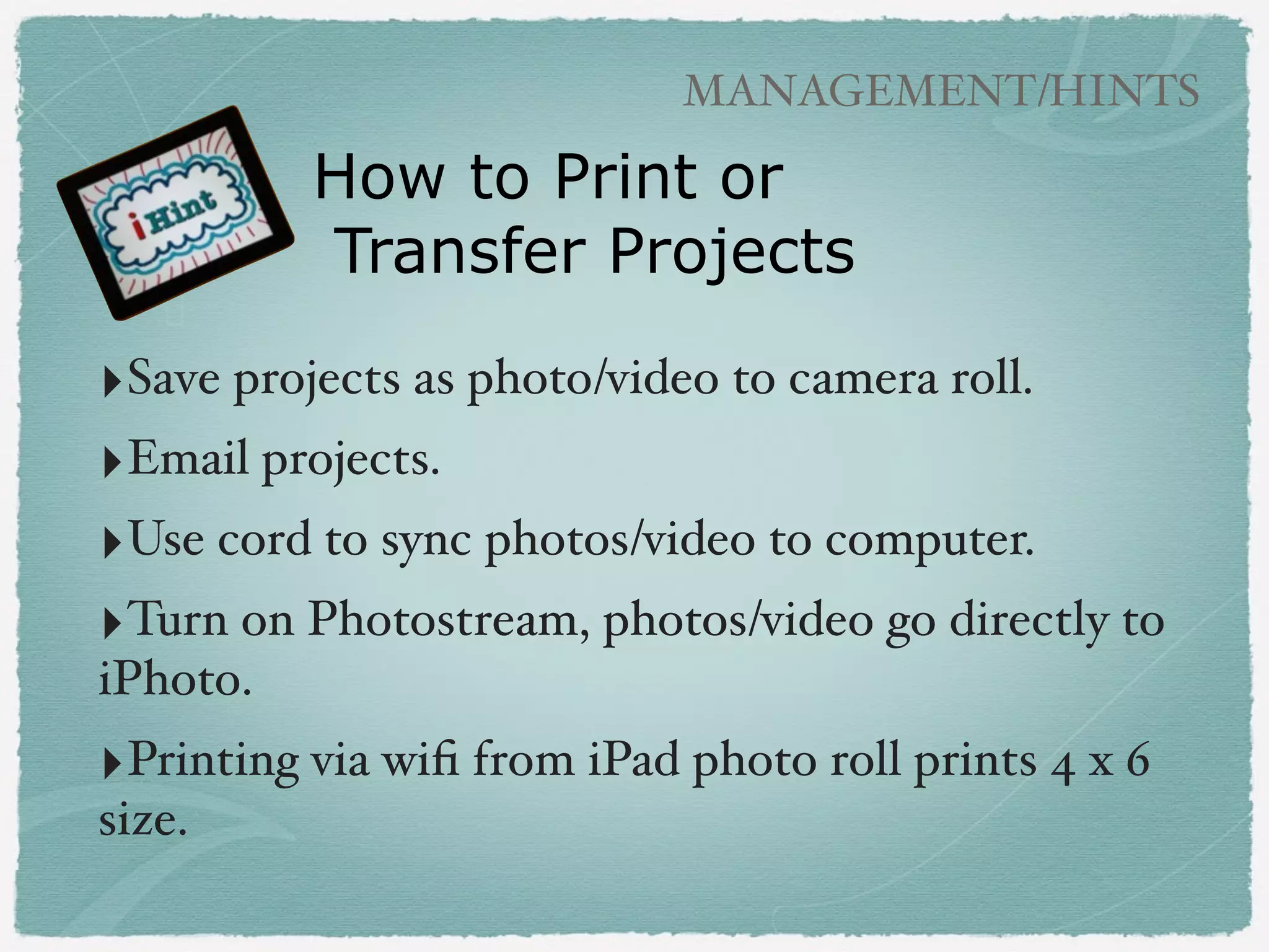 PHOTOGRAPHY APPS

Photo Art Generators
!

• Face on Coin Booth
(free)
!

• Face on Stamp Booth
(free)
!

• Wanted Poster Pro
(paid)
!

• Example - Nicole
Nesbitt’s 2nd grade

 
