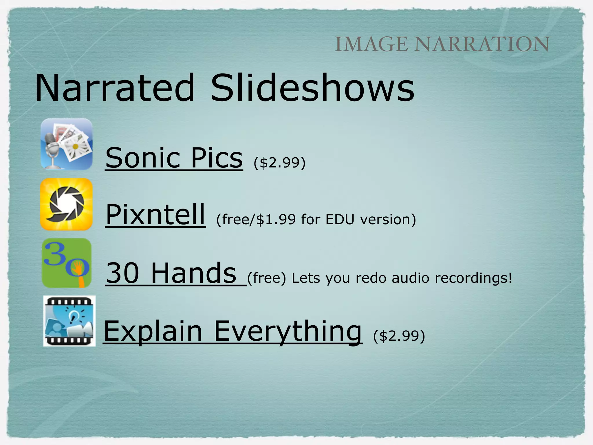 MANAGEMENT/HINTS

Apps to Transfer Projects

!

‣Upload to a Dropbox account.

(Other
online storage options: Google Drive,
Copy, Box)!
!

‣Use transfer apps - Photo Transfer and
Photosync apps.!

 
