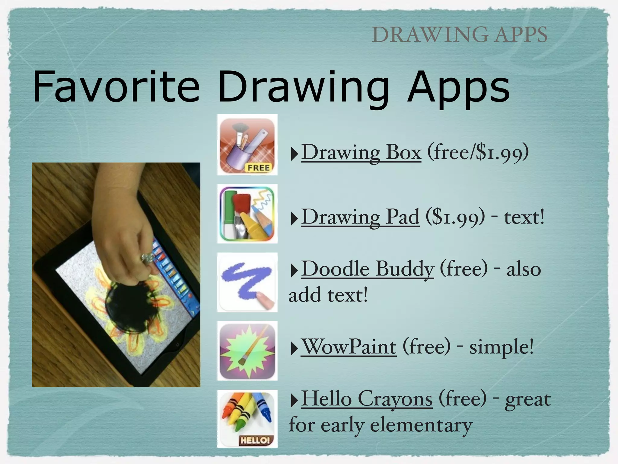 PHOTOGRAPHY APPS

30 Hands

(free)

• Example - PreK talks about their Seuss pictures

 