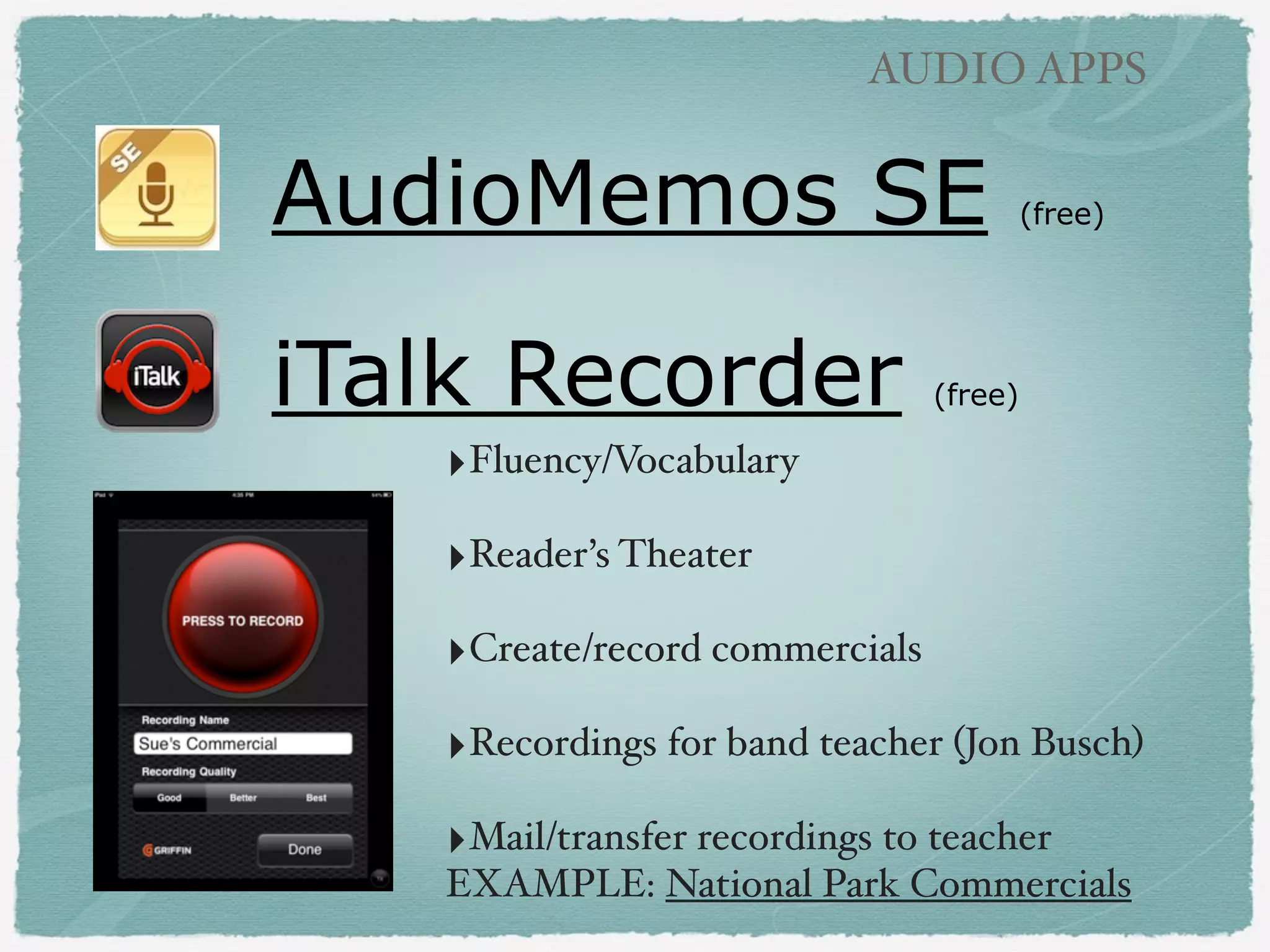 DRAWING APPS

Show Me Math Tutorials
‣Fifth grade students
created as review for
MAP testing!
!

‣Free account!
!

‣Publishes directly to
ShowMe website!
!

‣Common Core:
explain your thinking!!

 