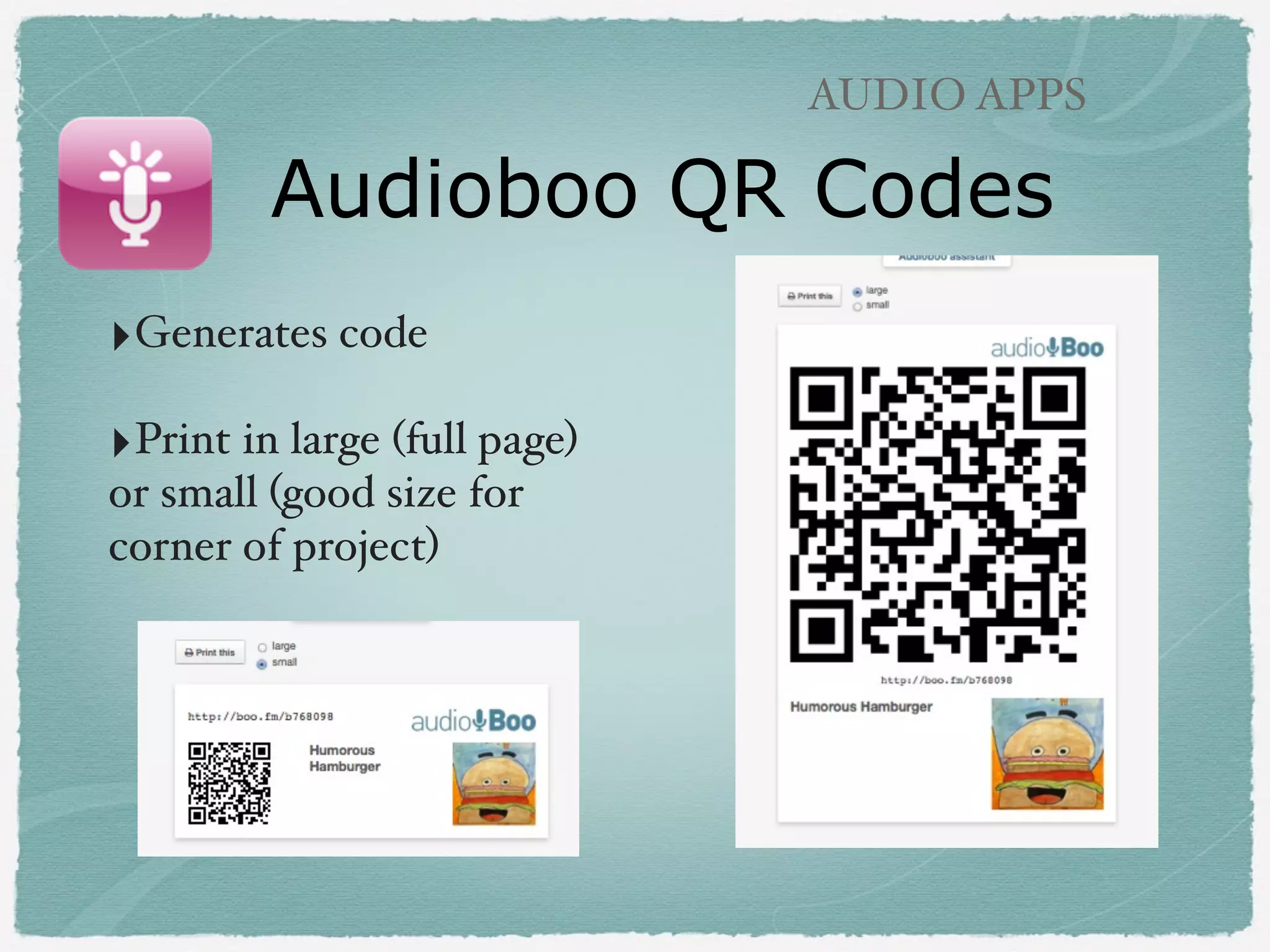 AUDIO APPS

Audioboo in iTunes!
!
!

‣Click iTunes - will open
ﬁles as a podcast in
iTunes!!
!

‣Can download the ﬁles
for other uses!!
!

 