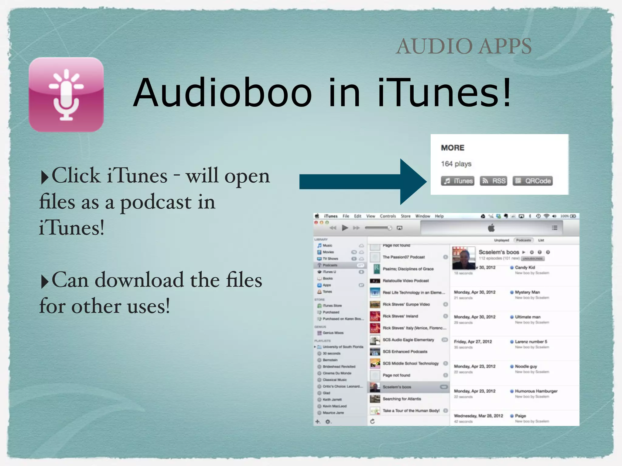 AUDIO APPS

Audioboo Book Reports

(free)

‣Second grade book reports
from Nicole Nesbitt!
!

‣Snap photo of book cover
(or student artwork/project)!
!

‣Record audio!
!

‣Link to example!
Add Audioboo to projects that
you already do!

 