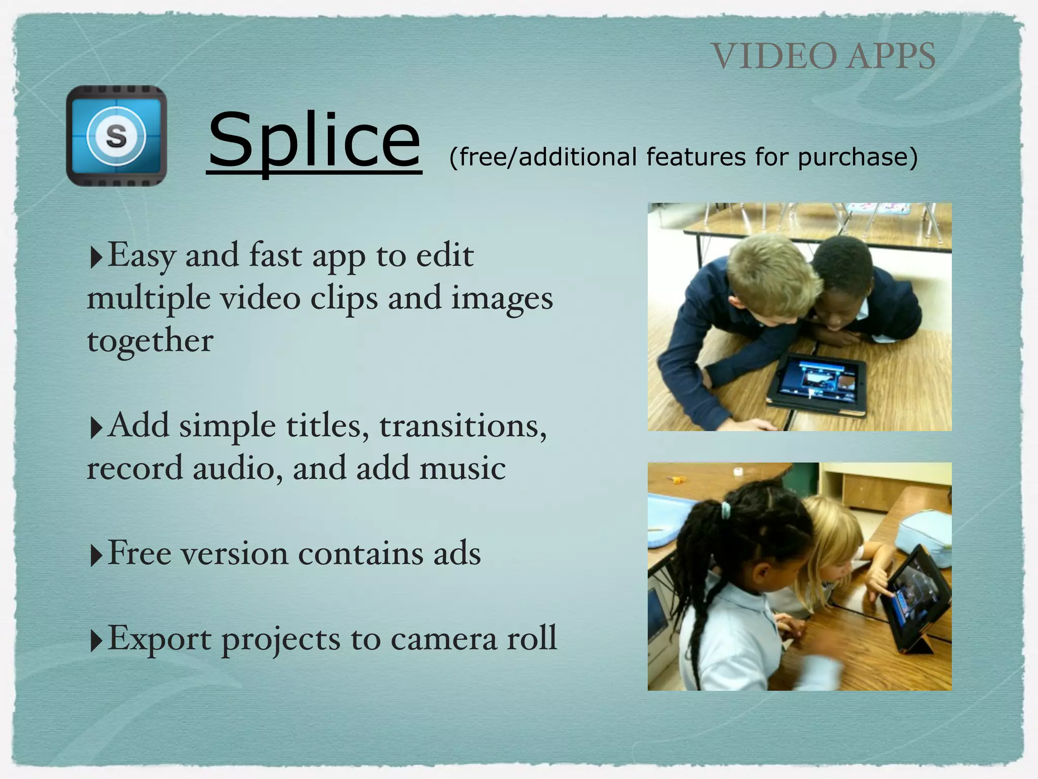 AUDIO APPS

Poetry with QR Codes
!

‣from 4th grade
teacher Maria Long!
!

‣Photo + Drawing App
+ Audioboo + QR Code!
!

 