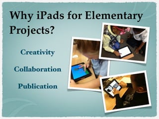 Why iPads for Elementary
Projects?
Creativity
!

Collaboration
!

Publication
!
!

 