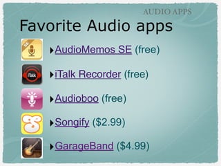 DRAWING APPS

Screencasting apps
‣Show Me (free)!
!

‣Screen Chomp (free)!
!

‣Explain Everything (paid)!
Has many features not available in free apps!
!

‣Educreations (free) - in app search for images!
!

‣Knowmia/Teach (free) - in app search for images!
!
!

 