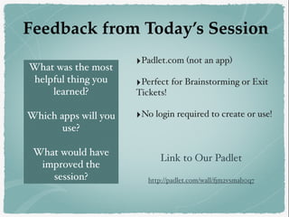 Feedback from Today’s Session
‣Padlet.com (not an app)
‣Perfect for Brainstorming or Exit
Tickets!
‣No login required to c...