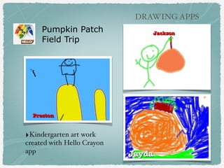Pumpkin Patch
Field Trip
‣Kindergarten art work
created with Hello Crayon
app
DRAWING APPS
 