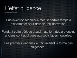 L’effet diligence
                          de Jacques Perriault




                           Une invention technique met un certain temps à
                             s’acclimater pour devenir une innovation.

           Pendant cette période d’acclimatation, des protocoles
             anciens sont appliqués aux techniques nouvelles.

                          Les premiers wagons de train avaient la forme des
                                           diligences .
2012 - Sébastien Stasse
 