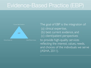 EBP
Current Best Evidence
Clinical Expertise Client/PatientValues
Evidence-Based Practice (EBP)
The goal of EBP is the integration of:
(a) clinical expertise,
(b) best current evidence, and
(c) client/patient perspectives
to provide high-quality services
reﬂecting the interest, values, needs,
and choices of the individuals we serve
(ASHA, 2011).
 