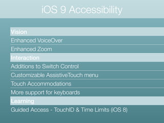 iOS 9 Accessibility
Vision
Enhanced VoiceOver
Enhanced Zoom
Interaction
Additions to Switch Control
Customizable AssistiveTouch menu
Touch Accommodations
More support for keyboards
Learning
Guided Access - TouchID & Time Limits (iOS 8)
 
