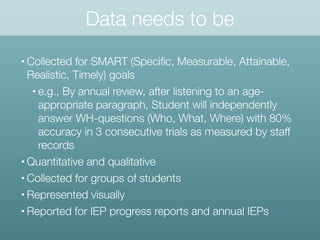 Data needs to be
• Collected for SMART (Speciﬁc, Measurable, Attainable,
Realistic, Timely) goals
• e.g., By annual review, after listening to an age-
appropriate paragraph, Student will independently
answer WH-questions (Who, What, Where) with 80%
accuracy in 3 consecutive trials as measured by staff
records
• Quantitative and qualitative
• Collected for groups of students
• Represented visually
• Reported for IEP progress reports and annual IEPs
 