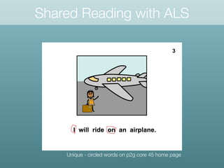 Shared Reading with ALS
Unique - circled words on p2g core 45 home page
 
