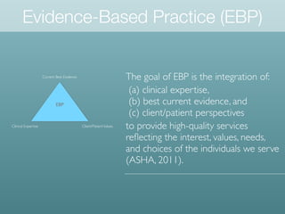 EBP
Current Best Evidence
Clinical Expertise Client/PatientValues
Evidence-Based Practice (EBP)
The goal of EBP is the int...