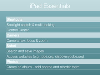 iPad Essentials
Shortcuts
Spotlight search & multi-tasking
Control Center
Camera
Camera nav, focus & zoom
Safari
Search an...