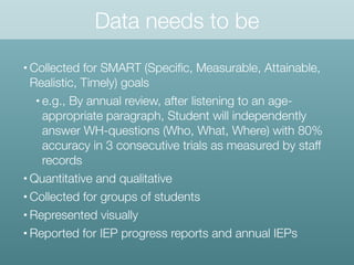 Data needs to be
• Collected for SMART (Speciﬁc, Measurable, Attainable,
Realistic, Timely) goals
• e.g., By annual review...