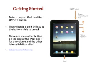 GettingStarted
• To turn on your iPad hold the
ON/OFF button
• Then when it is on it will say at
the bottom slide to unlock
• There are some other button
on the side of the iPad, one if
for the volume and the other
is to switch it on silent
• http://burgessmedia.com/images/blog/ipad_manual.jpg
 