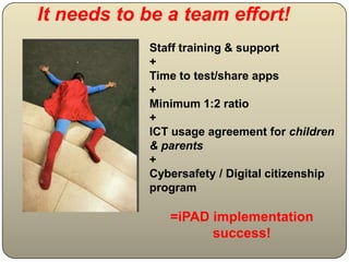 It needs to be a team effort!
            Staff training & support
            +
            Time to test/share apps
            +
            Minimum 1:2 ratio
            +
            ICT usage agreement for children
            & parents
            +
            Cybersafety / Digital citizenship
            program

               =iPAD implementation
                     success!
 