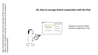 2b. How to manage distant cooperation with the iPad
Hangouts, FaceTime, Skype,
Evernote, Google Docs, Fuze
Mgr.VeronikaNeničková|Kanceláře-learninguFFMU,eLearning
office|iPadinAcademicSettings:secondyearintotheprogram|
DisConference2015
 