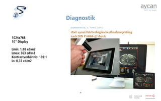 Diagnostik


1024x768
10" Display

Lmin: 1,88 cd/m2
Lmax: 363 cd/m2
Kontrastverhältnis: 193:1
Ls: 0,33 cd/m2




                                28
 