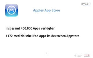 Apples App Store




insgesamt 400.000 Apps verfügbar

1172 medizinische iPad Apps im deutschen Appstore



                           8
 