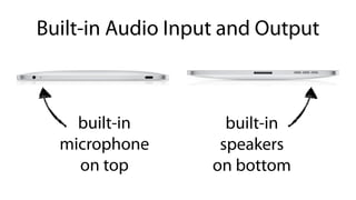 Built-in Audio Input and Output



    built-in         built-in
  microphone        speakers
    on top         on bottom
 