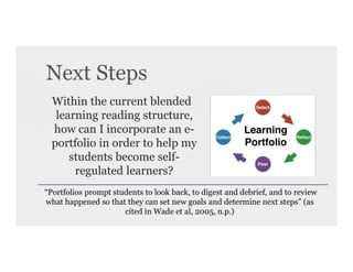 Next Steps
Within the current blended
learning reading structure,
how can I incorporate an e-
portfolio in order to help my
students become self-
regulated learners?
“Portfolios prompt students to look back, to digest and debrief, and to review
what happened so that they can set new goals and determine next steps” (as
cited in Wade et al, 2005, n.p.)
 