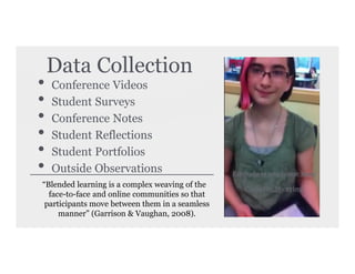 Data Collection
• Conference Videos
• Student Surveys
• Conference Notes
• Student Reflections
• Student Portfolios
• Outside Observations
“Blended learning is a complex weaving of the
face-to-face and online communities so that
participants move between them in a seamless
manner” (Garrison & Vaughan, 2008).
Edmodo is our home base
Complex Weaving
 