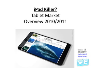 iPad Killer?
Tablet Market
Overview 2010/2011
Version 1.0
2010/11/27
twitter.com/
konterkariert
 