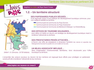 Territoire Géo-touristique pertinent 2/3 1.2. - Un territoire structuré DES OFFICES DE TOURISME SOLIDAIRES… pour définir et mettre en œuvre une stratégie de développement touristique visant à améliorer l’attractivité du territoire. L’ensemble des acteurs soucieux du devenir de leur territoire ont regroupé leurs efforts pour privilégier un partenariat constructif afin d’améliorer l’attractivité de leur territoire. DES PARTENAIRES PUBLICS DÉCIDÉS… à se regrouper autour d’une politique de développement touristique commune, pour une meilleure lisibilité du territoire. Communauté de Communes du Pays Dunois , Communauté de Communes du Pays Sostranien   Communauté de Communes de Bénévent-l’Abbaye / Le Grand-Bourg (944km² - 41 communes – 24 700 habitants) DES PRESTATAIRES PRIVÉS ATTACHÉS… à fournir une offre de prestations à dimension humaine  (les natures et capacités des hébergements favorisent la qualité et la convivialité de l’accueil). UN MILIEU ASSOCIATIF IMPLIQUÉ… dans l’organisation d’évènementiels identitaires, donc structurants pour l’offre touristique du territoire. 
