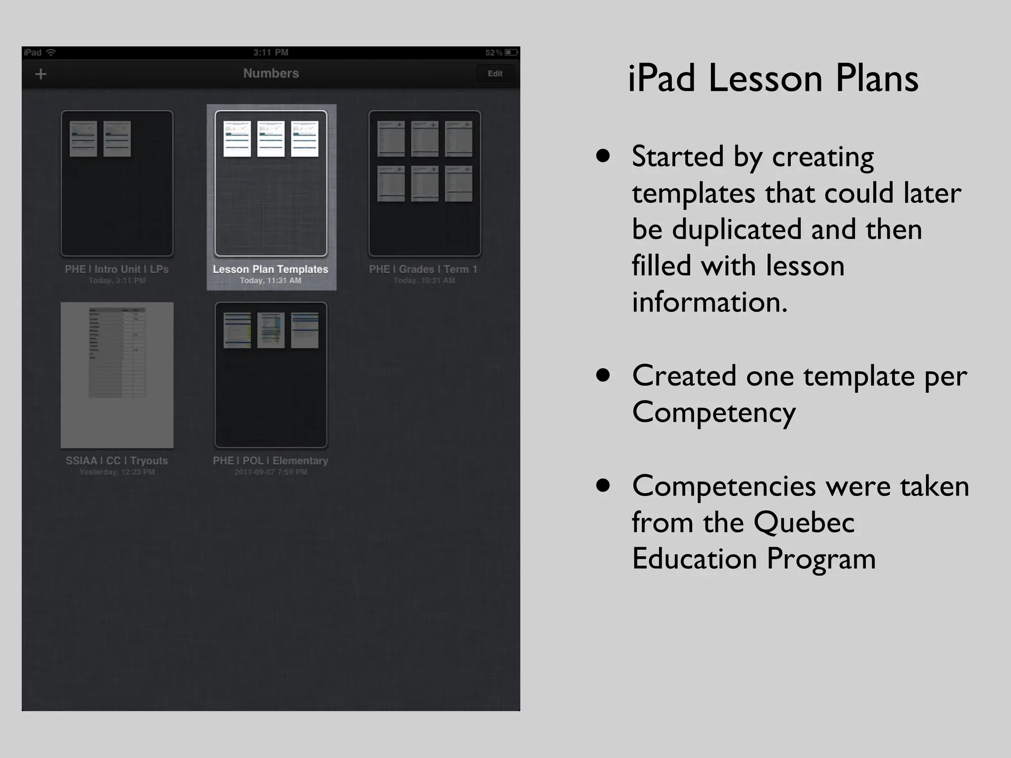 Started by creating templates that could later be duplicated and then filled with lesson information.  Created one template per Competency Competencies were taken from the Quebec Education Program iPad Lesson Plans 