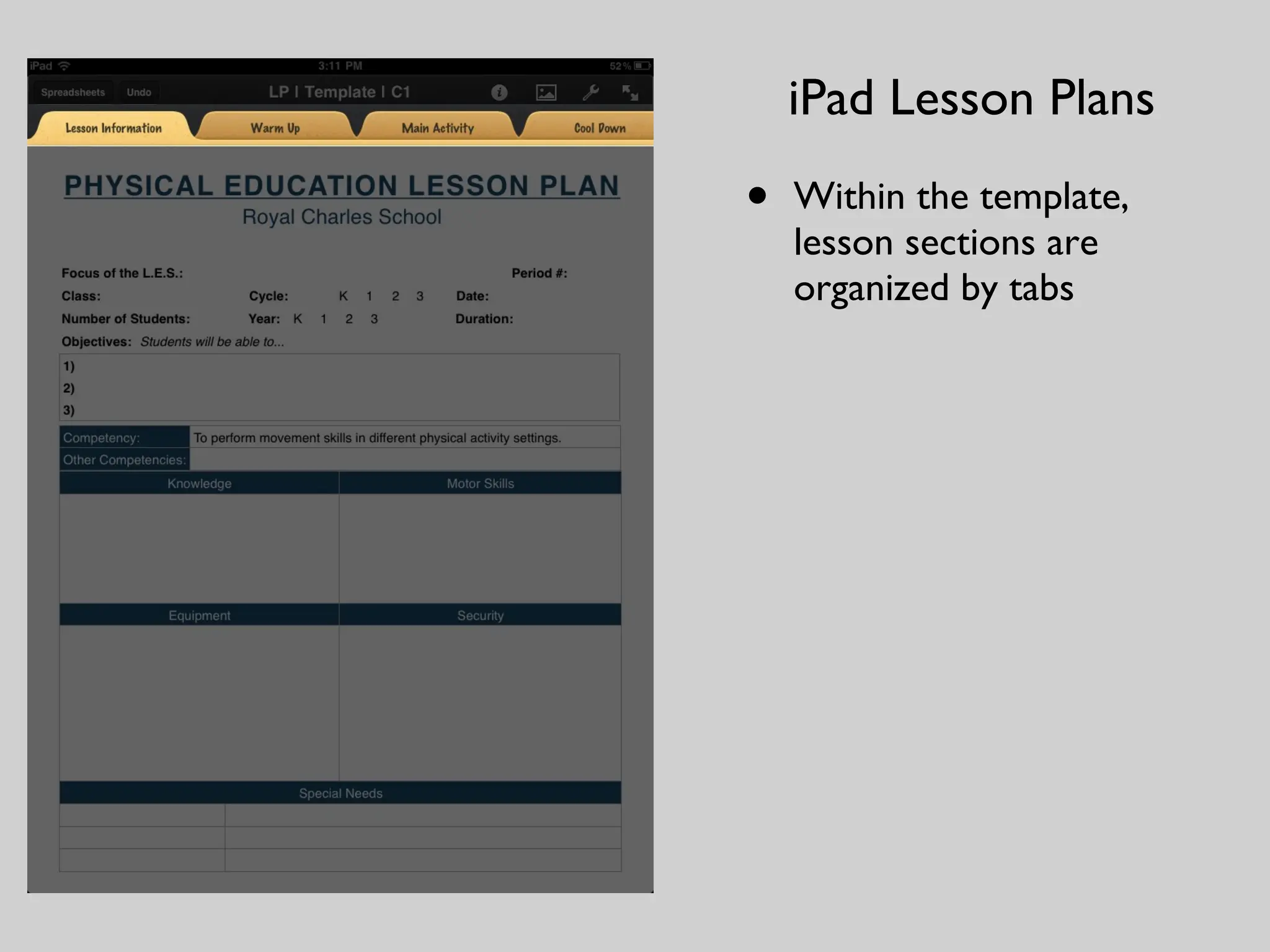 Within the template, lesson sections are organized by tabs iPad Lesson Plans 