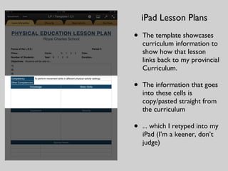 The template showcases curriculum information to show how that lesson links back to my provincial Curriculum. The information that goes into these cells is copy/pasted straight from the curriculum ... which I retyped into my iPad (I’m a keener, don’t judge) iPad Lesson Plans 