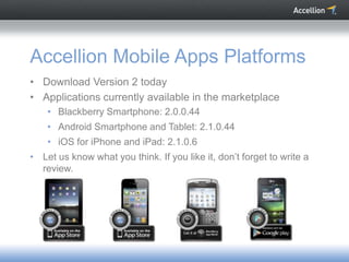 Accellion Mobile Apps Platforms
• Download Version 2 today
• Applications currently available in the marketplace
    • Blackberry Smartphone: 2.0.0.44
    • Android Smartphone and Tablet: 2.1.0.44
    • iOS for iPhone and iPad: 2.1.0.6
• Let us know what you think. If you like it, don’t forget to write a
  review.
 