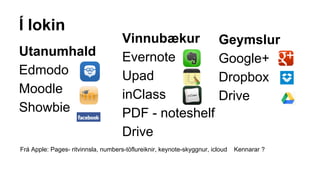 Í lokin
Utanumhald
Edmodo
Moodle
Showbie
Vinnubækur
Evernote
Upad
inClass
PDF - noteshelf
Drive
Geymslur
Google+
Dropbox
Drive
Frá Apple: Pages- ritvinnsla, numbers-töflureiknir, keynote-skyggnur, icloud Kennarar ?
 
