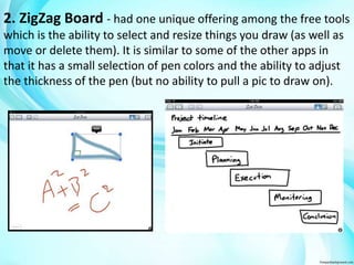 2. ZigZag Board - had one unique offering among the free tools 
which is the ability to select and resize things you draw (as well as 
move or delete them). It is similar to some of the other apps in 
that it has a small selection of pen colors and the ability to adjust 
the thickness of the pen (but no ability to pull a pic to draw on). 
 