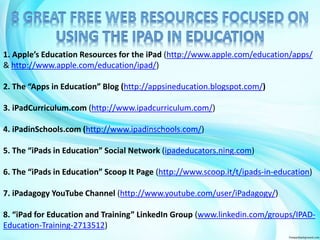 1. Apple’s Education Resources for the iPad (http://www.apple.com/education/apps/ 
& http://www.apple.com/education/ipad/) 
2. The “Apps in Education” Blog (http://appsineducation.blogspot.com/) 
3. iPadCurriculum.com (http://www.ipadcurriculum.com/) 
4. iPadinSchools.com (http://www.ipadinschools.com/) 
5. The “iPads in Education” Social Network (ipadeducators.ning.com) 
6. The “iPads in Education” Scoop It Page (http://www.scoop.it/t/ipads-in-education) 
7. iPadagogy YouTube Channel (http://www.youtube.com/user/iPadagogy/) 
8. “iPad for Education and Training” LinkedIn Group (www.linkedin.com/groups/IPAD-Education- 
Training-2713512) 
 