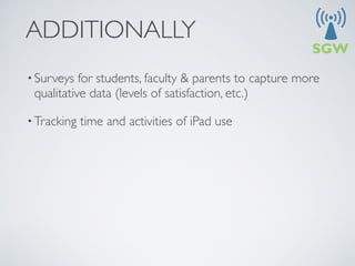 ADDITIONALLY
• Surveys  for students, faculty & parents to capture more
 qualitative data (levels of satisfaction, etc.)

• Tracking   time and activities of iPad use
 