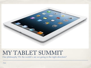 MY TABLET SUMMIT

Our philosophy VS. the world’s: are we going in the right direction?
Date

 