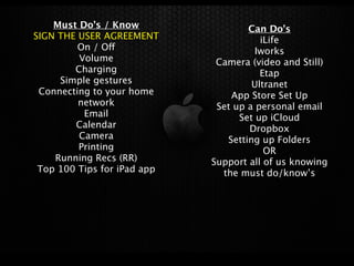 Must Do’s / Know                 Can Do’s
SIGN THE USER AGREEMENT                 iLife
         On / Off                      Iworks
         Volume               Camera (video and Still)
        Charging                        Etap
     Simple gestures                  Ultranet
 Connecting to your home         App Store Set Up
         network              Set up a personal email
          Email                    Set up iCloud
        Calendar                     Dropbox
         Camera                 Setting up Folders
         Printing                        OR
    Running Recs (RR)        Support all of us knowing
 Top 100 Tips for iPad app     the must do/know’s
 